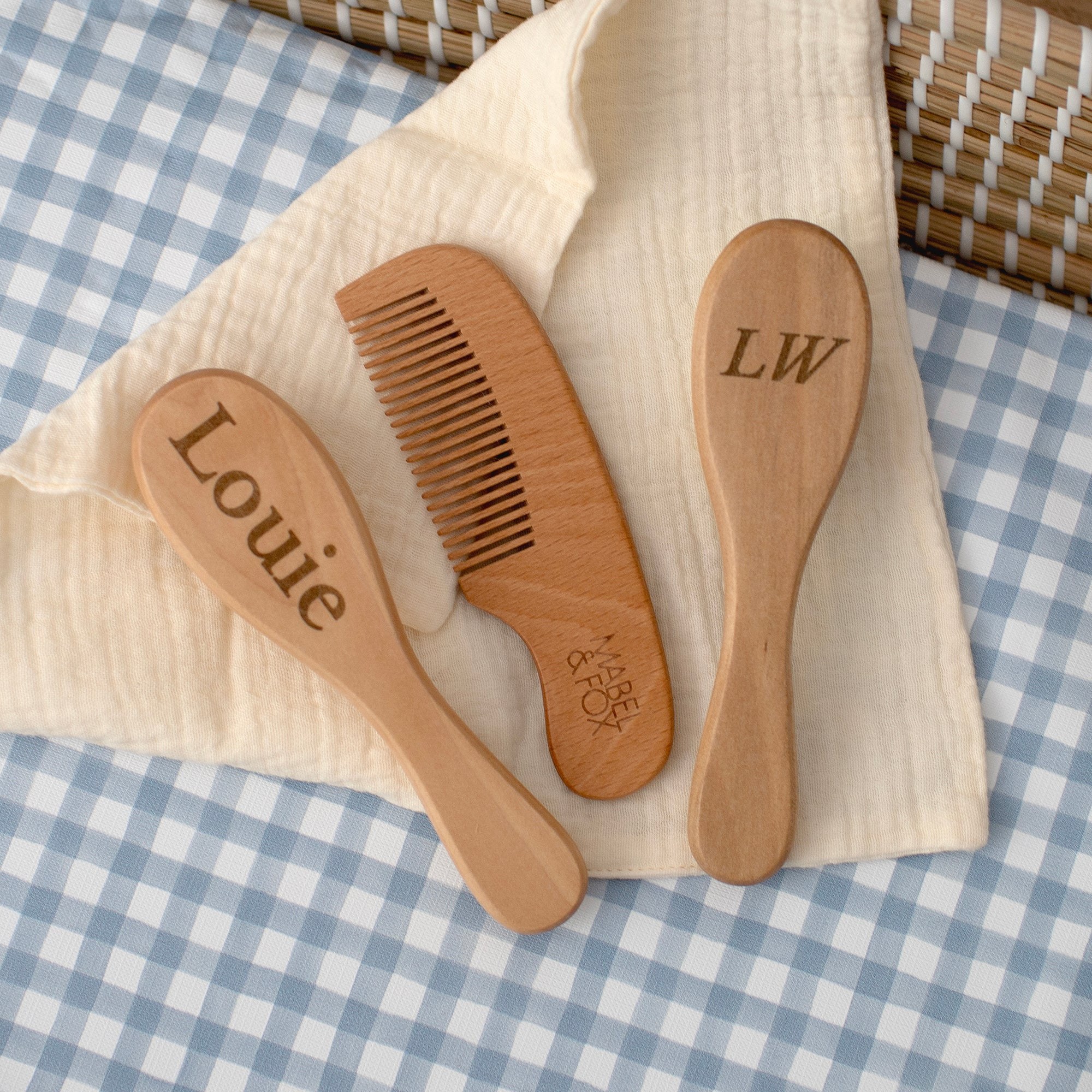 Mabel & Fox - Personalised Wooden Brush Set - Timeless Serif — Klein Studio